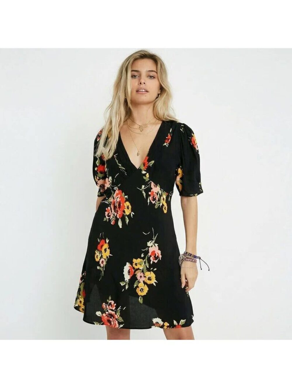 Free People Neon Garden Mini Dress Black Floral V Neck Boho Size 10